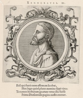 Ксенократ (396--314 гг. до н.э.) -- один из ближайших учеников Платона (лист 21 иллюстраций к известной работе Medicorum philosophorumque icones ex bibliotheca Johannis Sambuci, изданной в Антверпене в 1603 году)