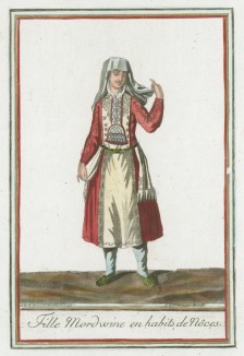 Праздничный костюм жительницы Мордовии середины XVIII века (иллюстрация к работе Costumes civils actuels de tous les peuples..., изданной в Париже в 1788 году)