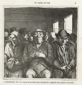 Господин Жозеф Прюдомм путешествует в вагоне третьего класса. Литография Оноре Домье из серии "Железная дорога", опубликованная в журнале Le Charivari, 1864 год. 