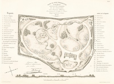 Общий план и вид парка в имении господина Бидуара в департаменте Сена. F.Duvillers, Les parcs et jardins, т.II, л.46. Париж, 1878