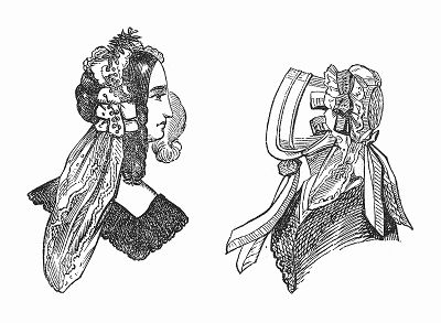 Элегантное кашне (слева), атласная шляпка, украшенная лентами (справа) -- парижская мода, июнь 1844 года (The Illustrated London News №109 от 01/05/1844 г.)