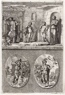 Ангерона с Гарпократом и Раскаянием, богиня наслаждений Волупия,  Вулкан и Марс. "Iconologia Deorum,  oder Abbildung der Götter ...", Нюренберг, 1680. 