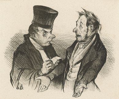 "Доказательства!... Доказательства!... Да весь город знает, что я рогоносец!" Литография Оноре Домье из серии "Croquis d'Expressions", 1838 год. 