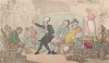 Доктор Синтакс читает путевые заметки посетителям трактира. Иллюстрация Томаса Роуландсона к поэме Вильяма Комби "Путешествие доктора Синтакса в поисках живописного", л.23. Лондон, 1881 