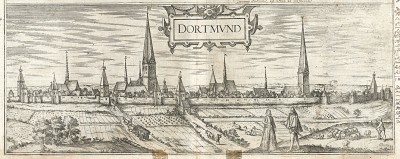 Вид с "птичьего полета" на город Дортмунд. Dortmund. Георг Браун и Франц Хогенберг. Civitates orbis terrarum. Кёльн, 1590
