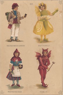 Детские маскарадные костюмы "Мальтийский водовоз, Бабочка, Красная Шапочка, Гоблин". Лист из издания "Fancy Dresses Described; Or, What to Wear at Fancy Balls", Лондон, 1887 год