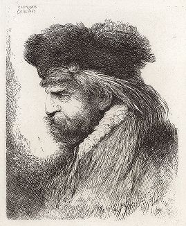Голова старика в берете с пером. Офорт Джованни Кастильоне из сюиты «Большие головы, убранные на восточный манер», ок. 1645-50 гг. 