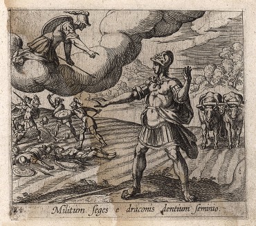 Ясон засевает поле зубами дракона. Гравировал Антонио Темпеста для своей знаменитой серии "Метаморфозы" Овидия, л.24. Амстердам, 1606
