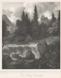 Горный пейзаж с водопадом по живописному оригиналу немецкого художника Алларта ван Эвердингена. 