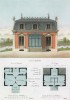 Эскиз и план одноэтажного загородного дома с мансардой (из популярного у парижских архитекторов 1880-х Nouvelles maisons de campagne...)