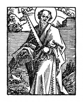 Святой апостол Симон Кананит (Зилот). Ганс Бальдунг Грин. Иллюстрация к Hortulus Animae. Издал Martin Flach. Страсбург, 1512