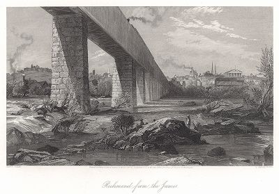 Вид на Ричмонд, столицу штата Вирджиния, железнодорожный мост и знаменитые пороги на реке Джеймс-ривер. Лист из издания "Picturesque America", т.I, Нью-Йорк, 1873.