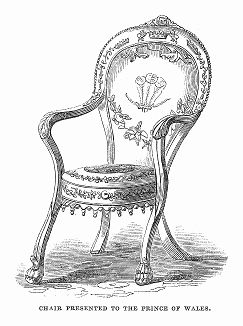 Резное кресло ручной работы из дуба, растущего в английском графстве Норфолк, преподнесённое в дар Его Высочеству принцу Уэльскому Альберту Эдуарду (1841 -- 1910 гг.), будущему королю Эдуарду VII (The Illustrated London News №97 от 09/03/1844 г.)