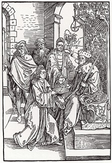 Конрад Цельтис (1459--1508) передаёт свой труд курфюрсту Саксонии Фридриху III Мудрому (1463--1525) (гравюра Дюрера)