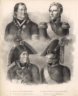 Георг Адлерспарре (28.03.1760-23.09.1835), генерал. Граф Карл Адлеркрейц (27.04.1757-21.08.1815), генерал. Граф Юхан Санделс (1764-1831), генерал, политик. Георг фон Добелн (29.04.1758-16. 02.1820), генерал. Stockholm forr och NU. Стокгольм, 1837