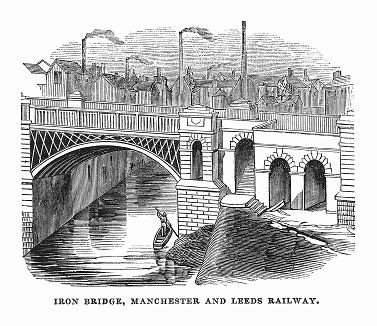 Железный мост через реку Ируэлл, осуществляющий железнодорожный сообщение между английскими городами Манчестер и Лидс, расположенными в графствах Большой Манчестер и Йоркшир соответственно (The Illustrated London News №106 от 11/05/1844 г.)