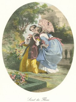 Гадание на цветах. Из альбома литографий Paris. Miroir de la mode, посвящённого французской моде 1850-60 гг. Париж, 1959