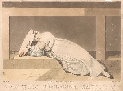 Девушка с тамбурином. Акватинта по рисунку модного в начале XIX века английского художника Адама Бака. 