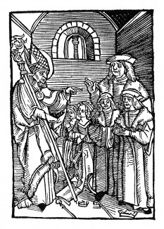 Святой Вольфганг изрекает пророчество. Из "Жития Святого Вольфганга" (Das Leben S. Wolfgangs) неизвестного немецкого мастера. Издал Johann Weyssenburger, Ландсхут, 1515 