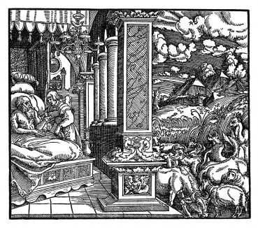 Иосиф объясняет фараону значение его сна. Гравюра Эрхарда Альтдорфера из Niederdeutche Bibel / nach Luther. Издание Людвига Дитца. Любек, 1533. Репринт 1929 г.