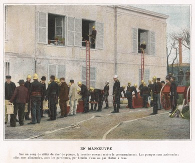 Учения французской пожарной команды. L'Album militaire. Livraison №10. Sapeurs-Pompiers. Париж, 1890