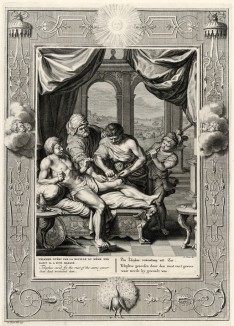 Телеф, неумышленно раненный Ахиллом и им же исцелённый (лист известной работы "Храм муз", изданной в Амстердаме в 1733 году)