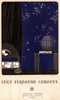 Реклама парижского интерьерного салона Fernande Cabanel. Иллюстрация в технике пошуар из Les feuillets d'art. Париж, 1920 