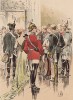 1890-е гг. Офицеры гвардейской кавалерии Второго рейха в пардной форме одежды (слева направо: ганноверский гусар под руку с дамой, гвардейские кирасир, драгун и улан, саксонский гвардеец)