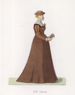 Молодая английская дама с букетиком цветов (XVI век) (лист 60 работы Жоржа Дюплесси "Исторический костюм XVI -- XVIII веков", роскошно изданной в Париже в 1867 году)