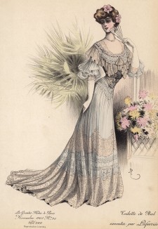 Модель в бальном платье от Laferrier, украшенном кружевным шитьём, в перчатках, с веером и цветком в "марсельских волнах" (Les grandes modes de Paris за 1903 год. Ноябрь)