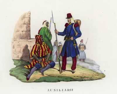 Французский солдат и арабы из вспомогательных войск (иллюстрация к L'Africa francese... - хронике французских колониальных захватов в Северной Африке, изданной во Флоренции в 1846 году)