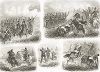 Боевые действия армии: штыковая атака австрийской армии (рис.1), схватка австрийских уланов с прусской пехотой (2), фланкирующие прусские драгуны (3),  оборона прусской армии (4) и схватка прусских и французских кирасиров (5). 