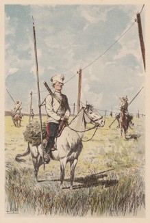 1890-е гг. Казачий разъезд охраняет телеграфную линию (из "Иллюстрированной истории верховой езды", изданной в Париже в 1893 году)