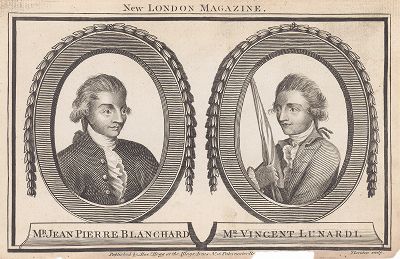 Жан-Пьер Франсуа Бланшар (1753-1809) -- изобретатель и пионер воздухоплавания и Виченцо Лунарди, совершивший первый в Великобритании полет на воздушном шаре. The New London Magazine, август 1785 г.