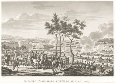 Сражение при Абенсберге 20 апреля 1809 г. Гравюра из альбома "Военные кампании Франции времён Консульства и Империи". Campagnes des francais sous le Consulat et L'Empire. Париж, 1834