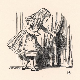 Алиса увидела занавеску, которую не заметила раньше (иллюстрация Джона Тенниела к книге Льюиса Кэрролла «Алиса в Стране Чудес», выпущенной в Лондоне в 1870 году)
