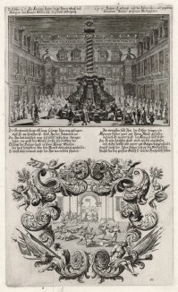 1. Торжества в иерусалимском храме 2. Столкновение между израильтянами и иудеями (из Biblisches Engel- und Kunstwerk -- шедевра германского барокко. Гравировал неподражаемый Иоганн Ульрих Краусс в Аугсбурге в 1700 году)