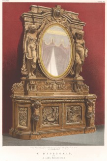 Резной викторианский буфет из орехового дерева, в зеркале коего отражается спальня графини фон Фосс (Каталог Всемирной выставки в Лондоне. 1862 год. Том 3. Лист 243)