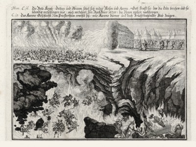Наказание и погибель Дафана, Корея и Авирона (из Biblisches Engel- und Kunstwerk -- шедевра германского барокко. Гравировал неподражаемый Иоганн Ульрих Краусс в Аугсбурге в 1700 году)