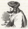 Бухарец, пьющий чай на борту парохода (из "Путешествия на тарантасе по Восточной России осенью 1856 года" Вильяма Споттисвуда. Лондон. 1857 год)