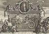Гудибрас, 1725-26. Фронтиспис к сатирической поэме Сэмуэля Батлера «Гудибрас», высмеивающей ханжество пуритан. В центре - портрет Батлера (1612-80), на барельефе – два главных героя, запряженных в дьявольскую колесницу. Лондон, 1838