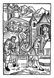 Возвращение домой Святого Вольфганга. Из "Жития Святого Вольфганга" (Das Leben S. Wolfgangs) неизвестного немецкого мастера. Издал Johann Weyssenburger, Ландсхут, 1515