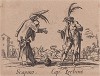 Скапино и капитан Цербино (Scapino - Cap. Zerbino). Из цикла офортов конца 19 века, выполненного по серии гравюр Жака Калло "Balli Di Sfessania" (Танцы беззадых (бескостных)), в которой он изобразил персонажей итальянской "Комедии дель Арте"