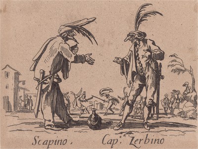 Скапино и капитан Цербино (Scapino - Cap. Zerbino). Из цикла офортов конца 19 века, выполненного по серии гравюр Жака Калло "Balli Di Sfessania" (Танцы беззадых (бескостных)), в которой он изобразил персонажей итальянской "Комедии дель Арте"