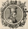 Страбон (ок. 63/64 до н.э.--ок. 23/24 н.э.) -- величайший географ античной эпохи (лист 64 иллюстраций к известной работе Medicorum philosophorumque icones ex bibliotheca Johannis Sambuci, изданной в Антверпене в 1603 году)