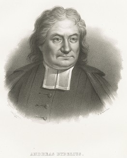 Андреас Риделиус (24 августа 1671 - 1 мая 1738), философ, епископ епархии Лунд (1734 - 38). Galleri af Utmarkta Svenska larde Mitterhetsidkare orh Konstnarer. Стокгольм, 1842