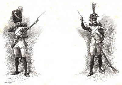 Французские пехотинцы эпохи наполеоновских войн, изображенные на заставке оглавления первого тома книги Types et uniformes. L'armée françаise, par Éduard Detaille. Париж, 1889