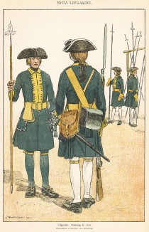 Унтер-офицер и мушкетёр шведской гвардейской пехоты в униформе образца 1700 г. Svenska arméns munderingar 1680-1905. Стокгольм, 1911