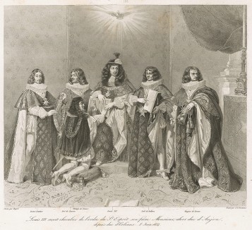 8 июня 1654 г. Король Франции Людовик XIV (в центре) посвящает своего брата Филиппа Французского (стоит на коленях) в кавалеры ордена Святого Духа. На церемонии присутствуют  канцлер Мишель Летелье (1603-85) и др.