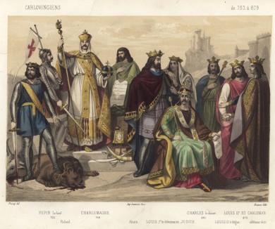 Короли династии Каролингов: Пипин III Короткий (751 — 768); Карл I Великий (768 — 814); Людовик I Благочестивый (781 — 814); Карл II Лысый (840 — 877); Людовик II Косноязычный (877 — 879); Людовик III (879 — 882); Карломан II (879 — 884)